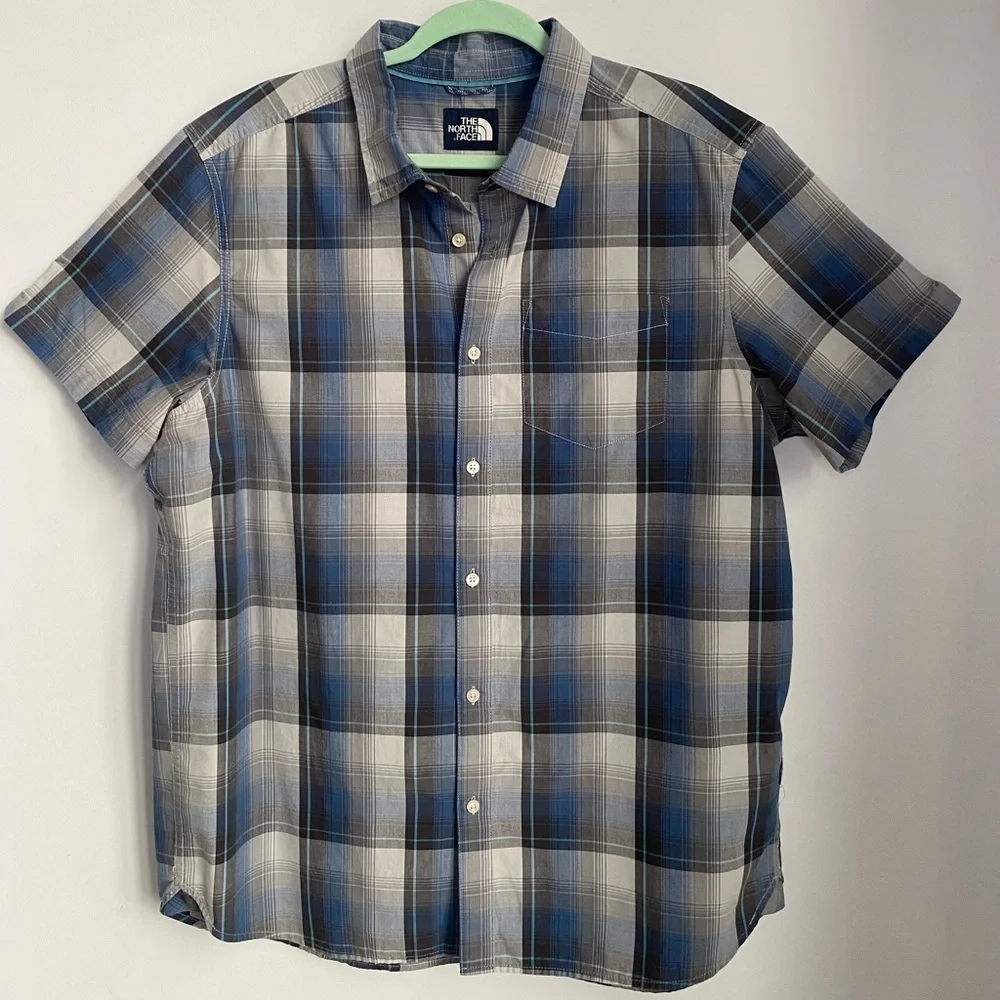 Men’s The North Face Plaid Short Sleeve Hammetts Button Down Blue Gray Size XL